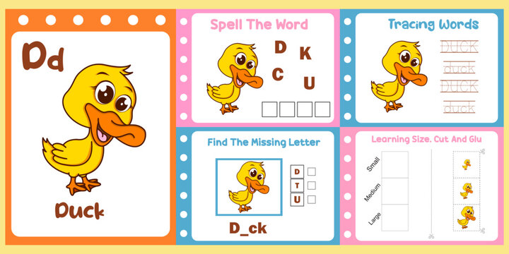 worksheets pack for kids with duck vector. children's study book