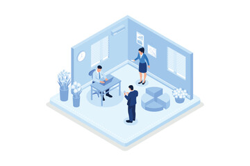 Characters working at home office and coworking space. People talking with colleagues, isometric vector modern illustration
