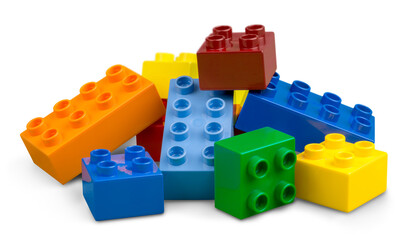 Toy colorful plastic blocks on white background
