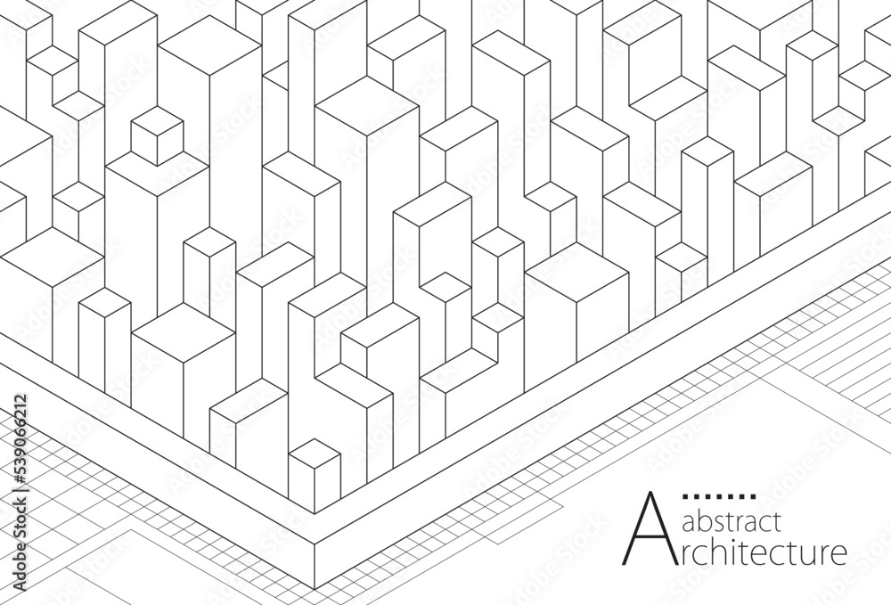 Poster 3d illustration of a fantasy abstract architectural building perspective design. background line dra