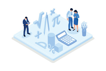 Math Science Concept. Tiny Male and Female Students Characters in Lab or School Class Learning Mathematics at Huge Blackboard. People Gaining Education and Writing Formula, isometric vector modern ill