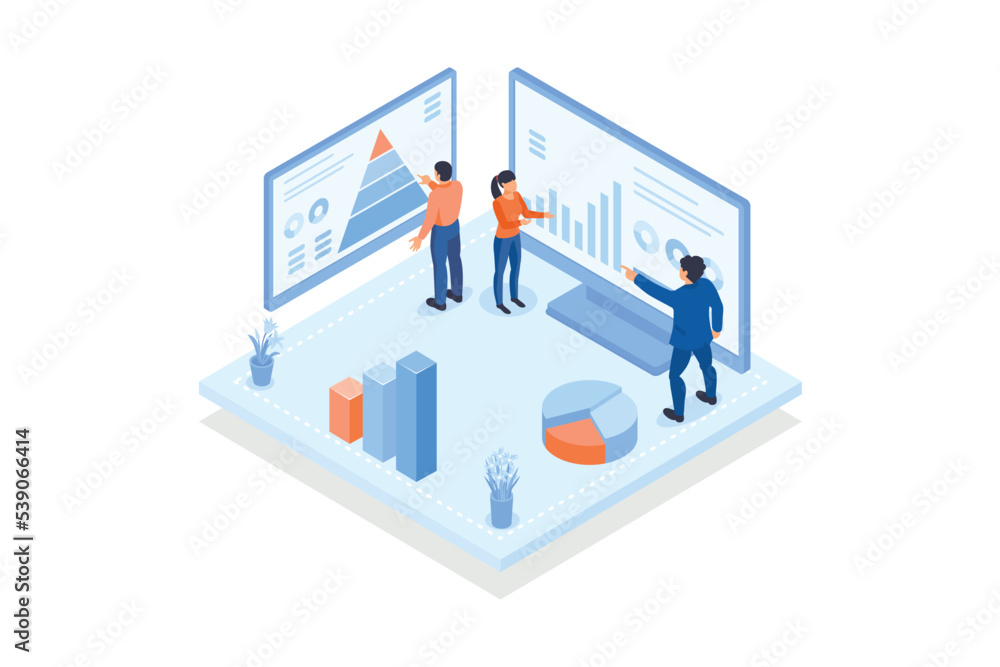 Poster conceptual template with people analyzing charts, diagrams, graphs. scene for structural analysis, d