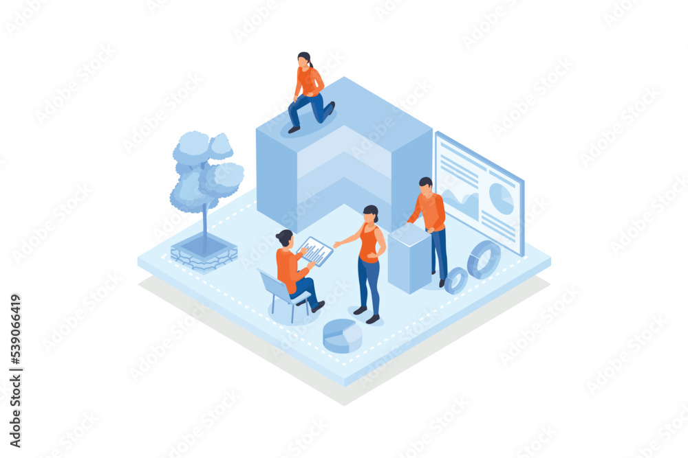 Poster conceptual template with people analyzing cube divided into layers and screen with diagrams and char
