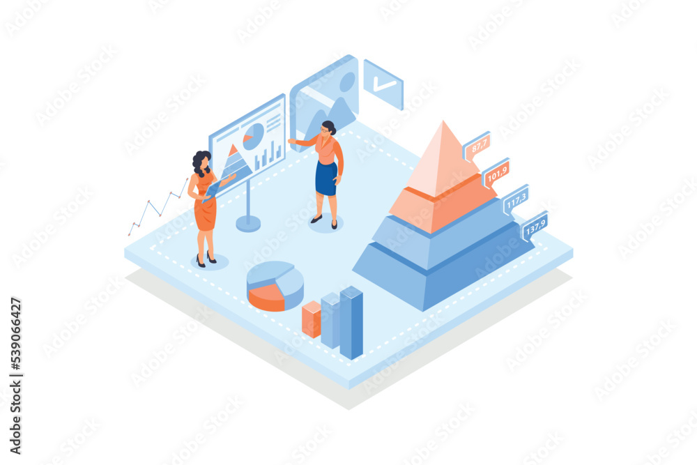 Poster conceptual template with pyramid diagram and woman monitoring indicators. scene for structural analy