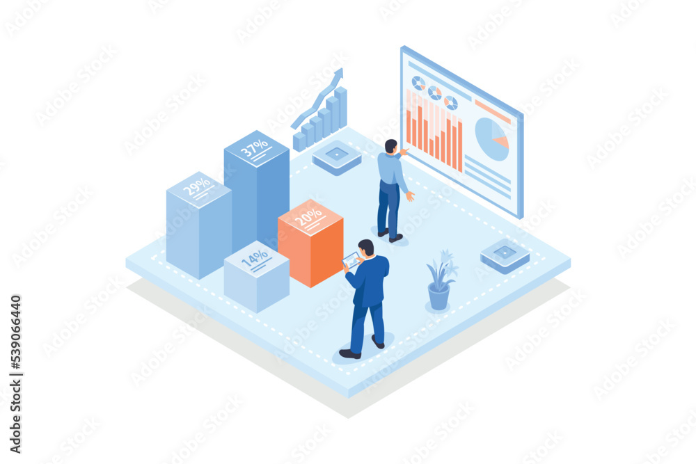 Poster conceptual template with analysts looking at column chart with percentage indicators. scene for data