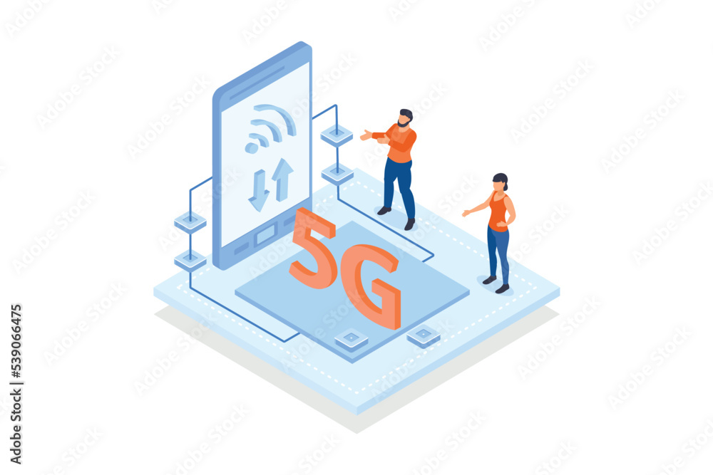 Poster conceptual template with people looking at phone with wifi signal on screen. scene for 5g technology