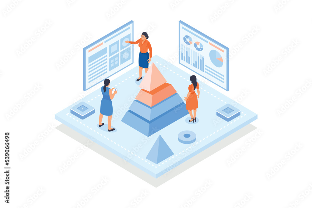 Poster conceptual template with scientists looking at cone divided into layers and screen with indicators. 