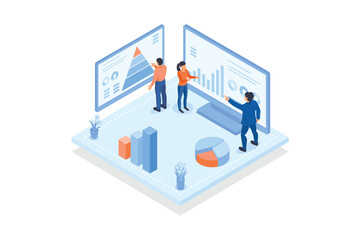 Conceptual template with people analyzing charts, diagrams, graphs. Scene for structural analysis, data analytics, information monitoring system, isometric vector modern illustration