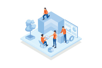 Conceptual template with people analyzing cube divided into layers and screen with diagrams and charts. Scene for object structure analysis, isometric vector modern illustration