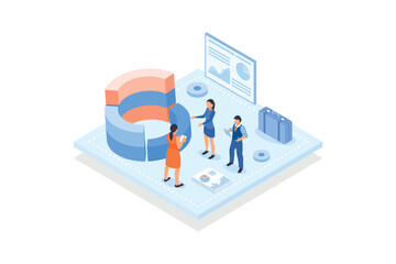 Conceptual template with group of people analyzing round chart. Scene for team of analysts working on data analysis project, statistical research, isometric vector modern illustration