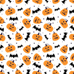 Halloween Seamless Pattern Design With Witch, Haunted House, Pumpkins or Bats in Template Hand Drawn Cartoon Flat Illustration