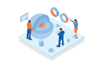 Conceptual template with sphere with cut out piece surrounded by analysts. Scene for future of material analysis or research, nanotechnology, isometric vector modern illustration