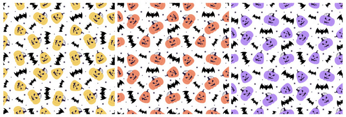 Set of Halloween Seamless Pattern Design With Witch, Haunted House, Pumpkins or Bats in Template Hand Drawn Cartoon Flat Illustration
