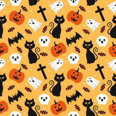 Halloween Seamless Pattern Design With Witch, Haunted House, Pumpkins or Bats in Template Hand Drawn Cartoon Flat Illustration