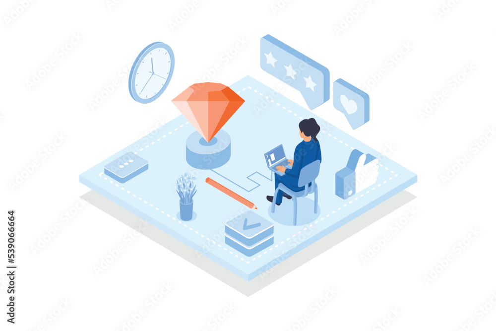 Poster conceptual template with woman working on keyboard connected to platform with diamond. scene for cre