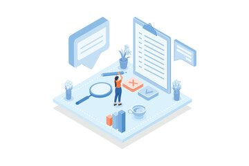 Conceptual template with woman filling in form or answering questions. Scene for online public survey, statistical study or research, opinion poll, isometric vector modern illustration