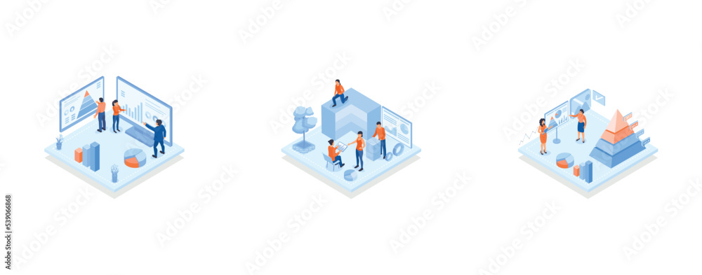 Poster conceptual template with people analyzing charts, diagrams, graphs, conceptual template with people 