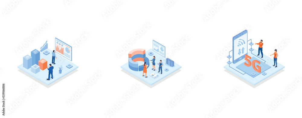 Poster conceptual template with analysts looking at column chart with percentage indicators, conceptual tem