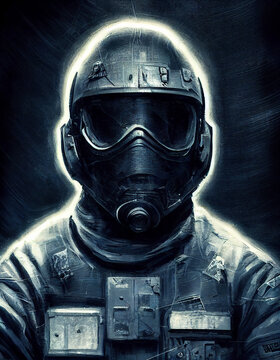 Digital painting of a well-equipped super soldier wearing a gas mask, helmet, and tactical gear