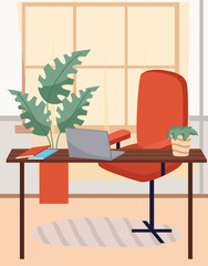 Organization of workplace of employee. Design of room, space for working in office. Arrangement of furniture table with computer and chair in interior. Place for working with technology at home