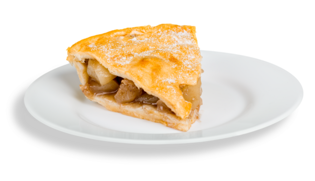 Single slice of apple pie isolated on white background