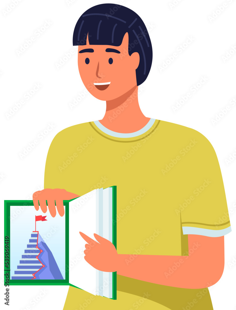 Poster man showing opened book with way to success instruction. career ladder or staircase illustrated on t