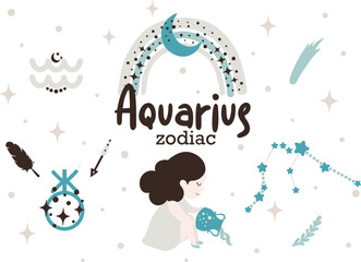Aquarius zodiac sign clipart - cute kids horoscope, zodiac stars, constellation, rainbow, planet,  arrow and comet isolated Vector illustration on white background. Cute vector astrological character.