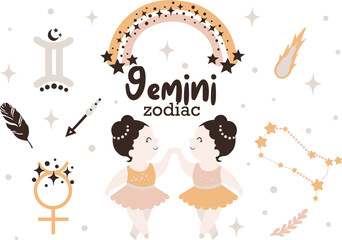 Gemini zodiac sign clipart - cute kids horoscope, zodiac stars, constellation, rainbow, planet, arrow and comet isolated Vector illustration on white background. Cute vector astrological character