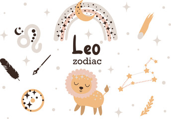 Leo zodiac sign clipart - cute kids horoscope, zodiac stars, constellation, rainbow, planet, leaves, arrow and comet isolated Vector illustration on white background.Cute vector astrological character