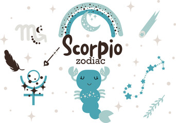 Scorpio zodiac sign clipart - cute kids horoscope, zodiac stars, constellation, rainbow, planet, arrow and comet isolated Vector illustration on white background. Cute vector astrological character