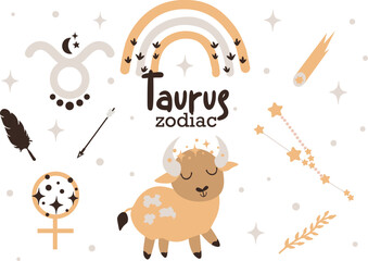 Taurus zodiac sign clipart - cute kids horoscope, zodiac stars, constellation, rainbow, planet, arrow and comet isolated Vector illustration on white background. Cute vector astrological character