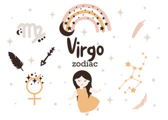 Virgo zodiac sign clipart - cute kids horoscope, zodiac stars, constellation, rainbow, planet, arrow and comet isolated Vector illustration on white background. Cute vector astrological character