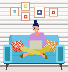 Woman communicate, workplace with computer. Remote work, freelance, house office, programming, training concept. Lady sitting with laptop and surfing Internet. Female freelancer works from home