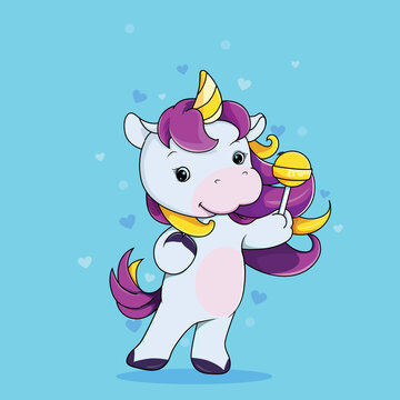 sweet unicorn hold candy premium vector