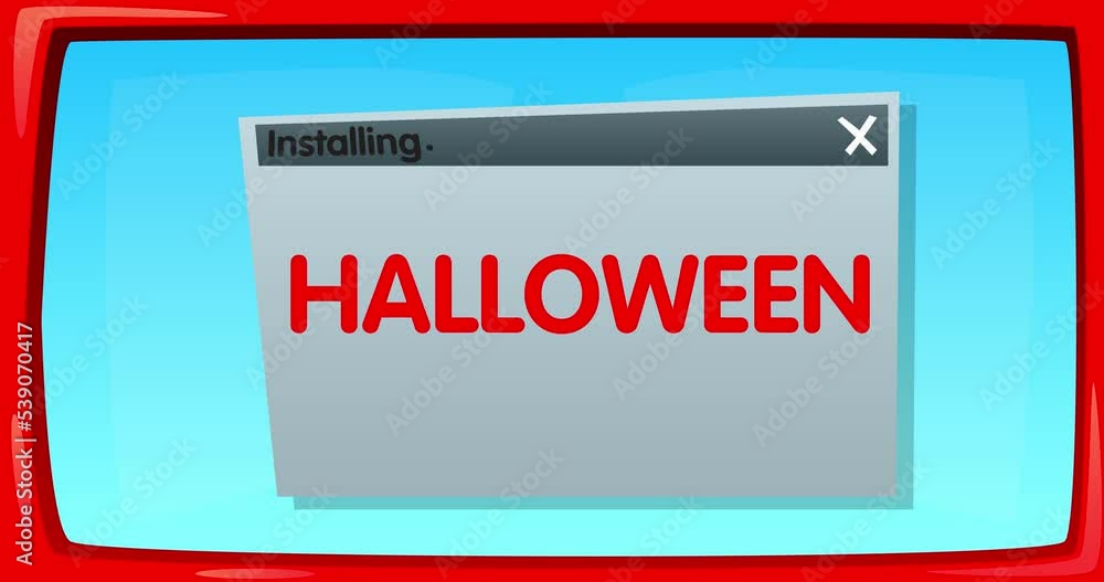 Poster Abstract cartoon screen with the Halloween text in an install window. Computer Software. Video message of a screen displaying an installation window.