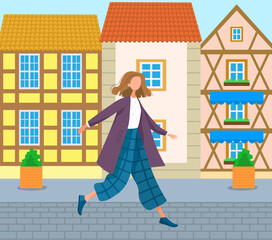 Cute smiling young woman going to work. Happy female character walking on city street. Morning activity of clerk or office worker. Start of day. Girl strolling down city street with city buildings