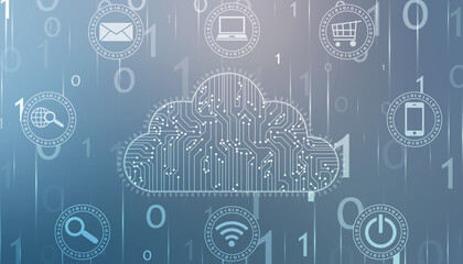 2d illustration of Cloud computing, Digital Cloud computing Concept background. Cyber technology, internet data storage, database and data server concept
