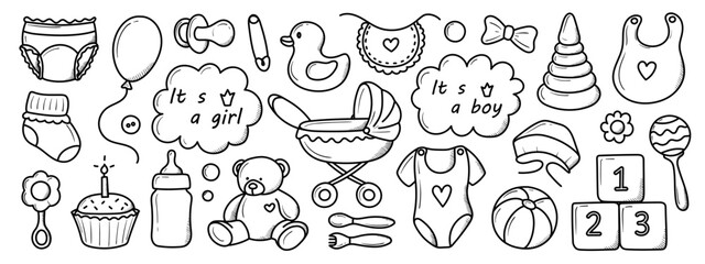 a set of elements of born children hand-drawn in doodle style
