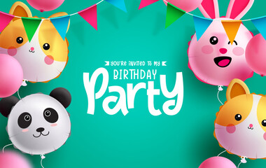 Birthday party text vector design. Birthday character inflatable balloons with pennants decoration in green empty space background. Vector Illustration.