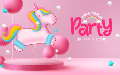 Birthday magical party vector background design. Birthday party text with unicorn balloon in podium stage for presentation in pink background. Vector Illustration.