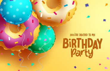 Birthday donut balloons vector design. Happy birthday greeting text with colorful doughnut balloon floating decoration elements background. Vector Illustration.