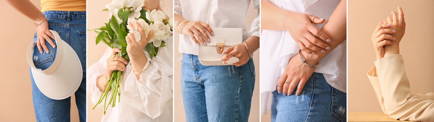 Collage of young woman with beautiful manicure and elegant jewelry on beige background, closeup