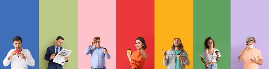 Collage of people with cups of coffee on color background