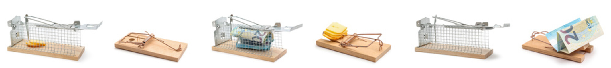 Collage of mousetraps with cheese and money on white background