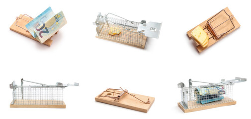 Set of mousetraps with cheese and money on white background