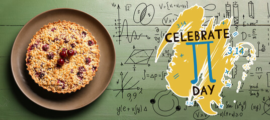 Banner for International Pi Day with cherry pie on color wooden background - obrazy, fototapety, plakaty