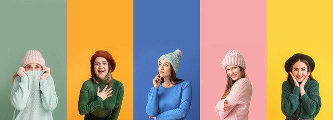 Obraz premium Group of beautiful young women in knitted sweaters on color background