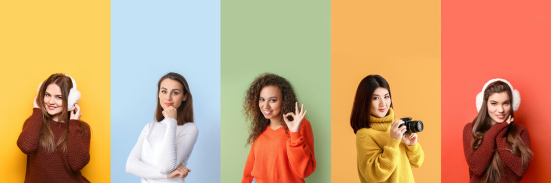 Collection of beautiful young women in warm sweaters on color background