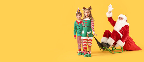 Cute little elves with Santa Claus on yellow background with space for text