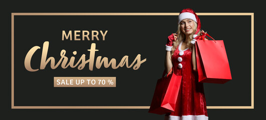 Banner for Christmas sale with beautiful young woman in Santa costume on dark background